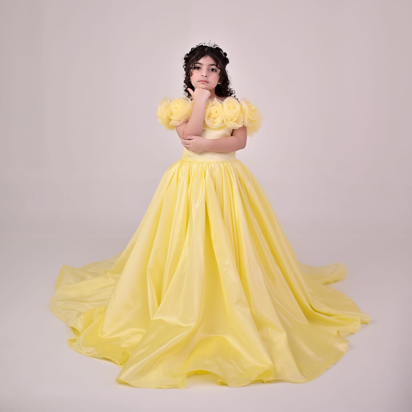 Luxury Butter Yellow Silk Gown – handmade girls outfit, silk gown throughout, with a long train, made to order in Pakistan