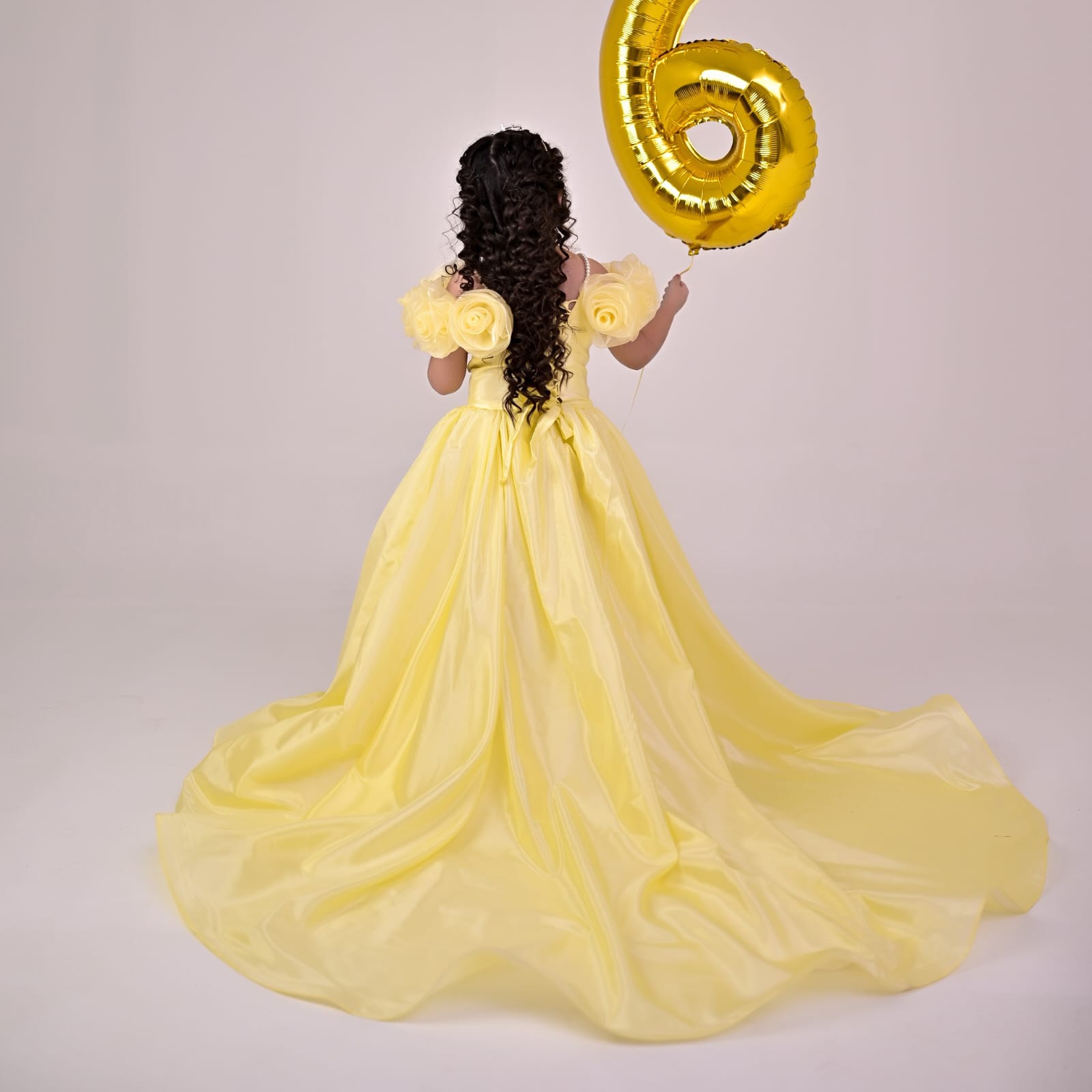 Luxury Butter Yellow Silk Gown – handmade girls outfit, silk gown throughout, with a long train, made to order in Pakistan