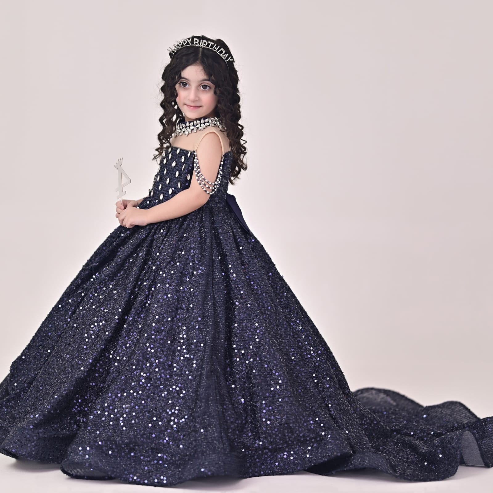Luxury Sequin Gown – handmade girls outfit, sequin gown throughout, with a long train, made to order in Pakistan