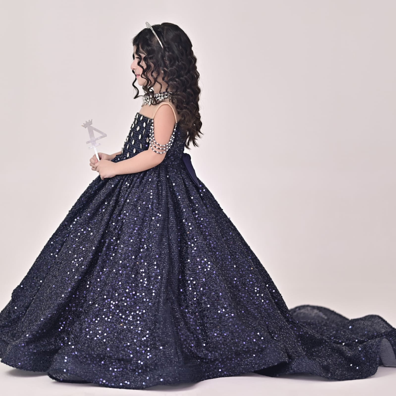 Luxury Sequin Gown – handmade girls outfit, sequin gown throughout, with a long train, made to order in Pakistan