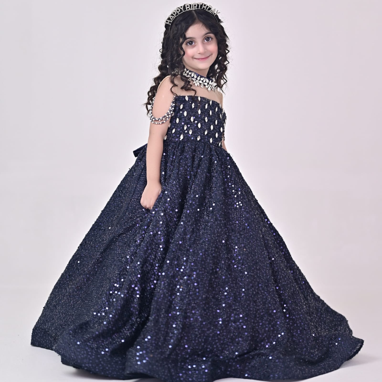 Luxury Sequin Gown – handmade girls outfit, sequin gown throughout, with a long train, made to order in Pakistan