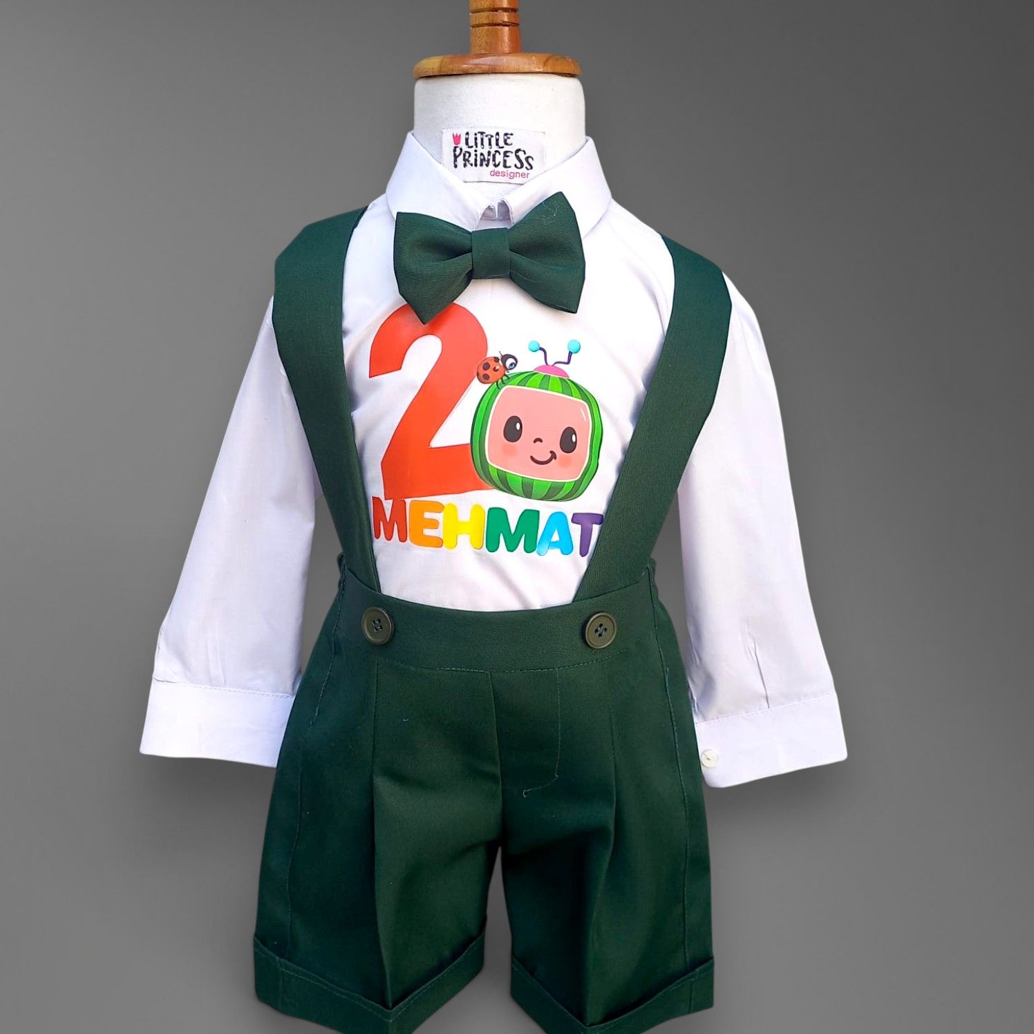 Cocomelon Green Knickers – handmade boys outfit, uniform shirt with silk suspender shorts, made to order in Pakistan