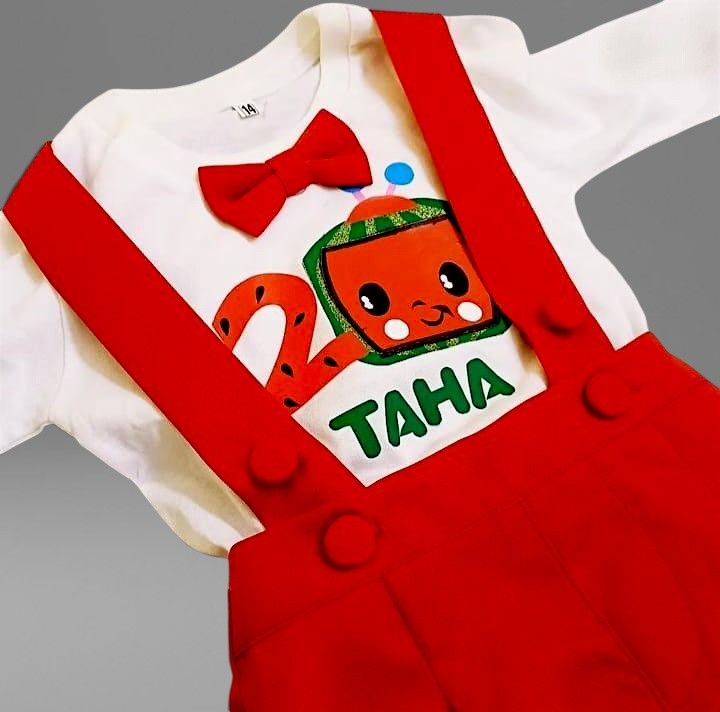 Cocomelon Red Outfit Boys – handmade boys outfit, uniform shirt with silk suspender pants, made to order in Pakistan