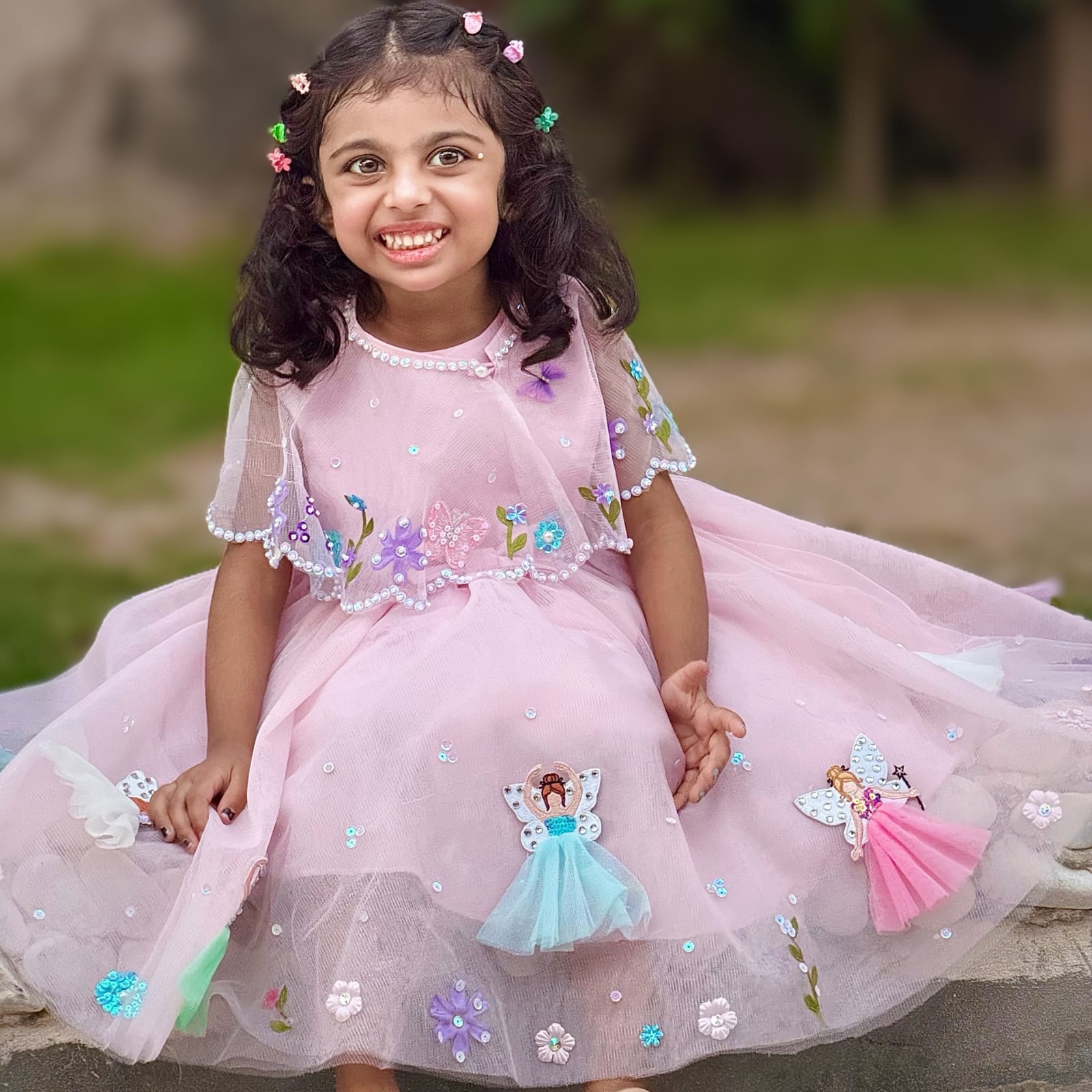 Pink Fairy Dress – handmade kids outfit, net and silk dress with bead and sequin work, made to order in Pakistan
