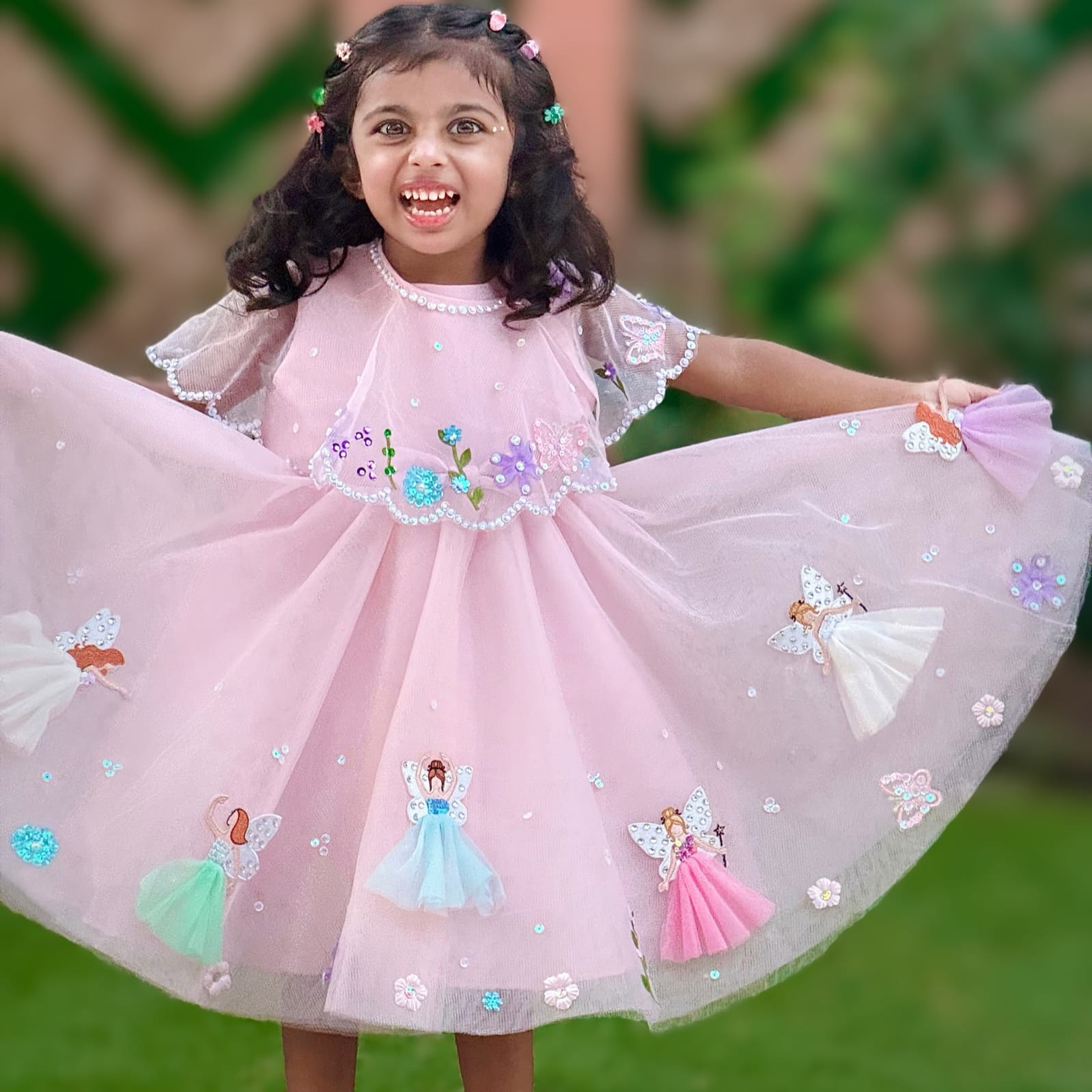 Pink Fairy Dress – handmade kids outfit, net and silk dress with bead and sequin work, made to order in Pakistan