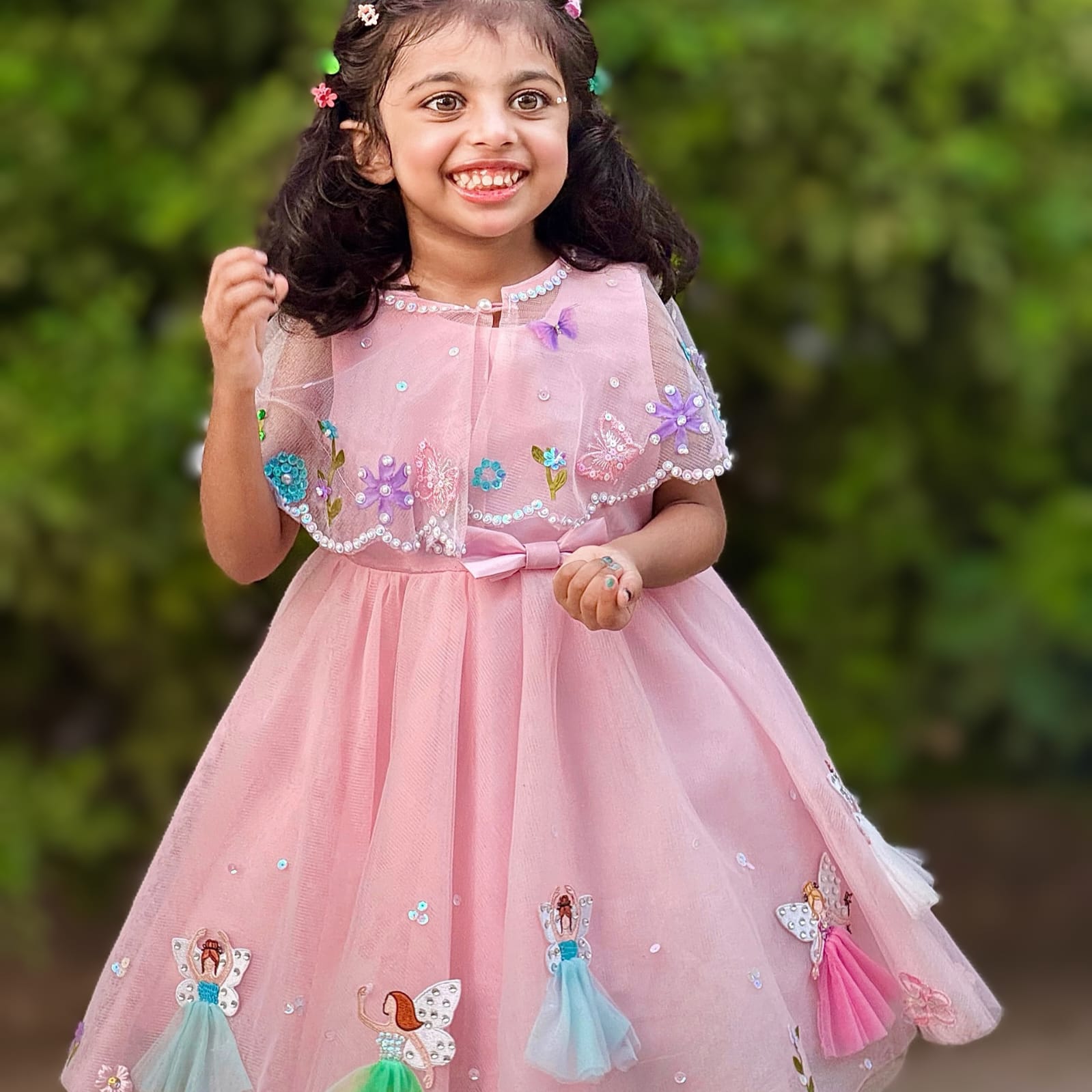 Pink Fairy Dress – handmade kids outfit, net and silk dress with bead and sequin work, made to order in Pakistan