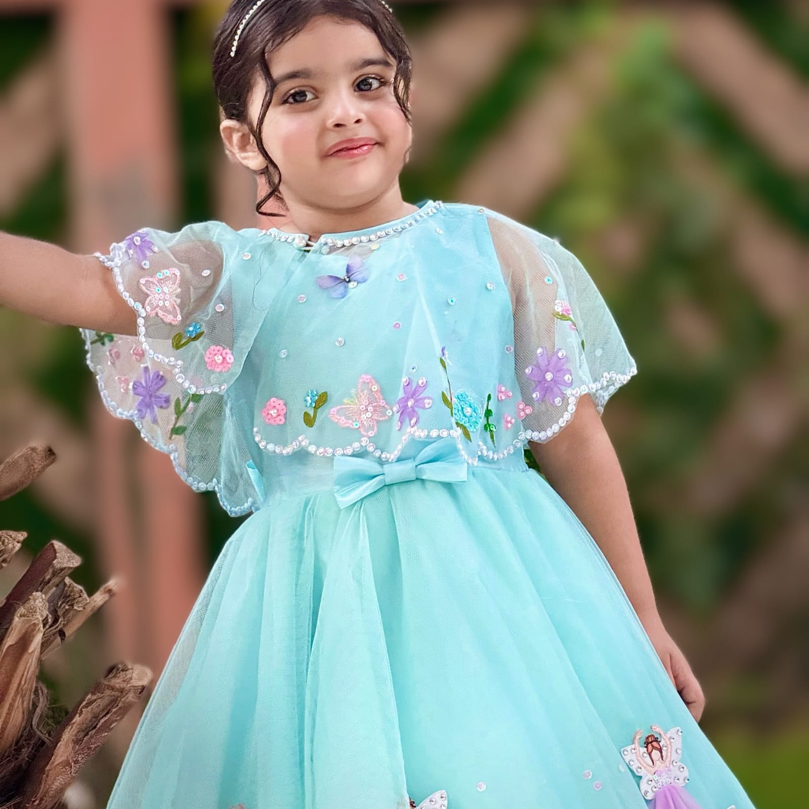 Blue Fairy Dress – handmade kids outfit, net and silk dress with bead and sequin work, made to order in Pakistan