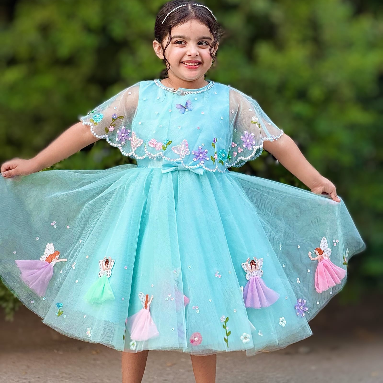 Blue Fairy Dress – handmade kids outfit, net and silk dress with bead and sequin work, made to order in Pakistan