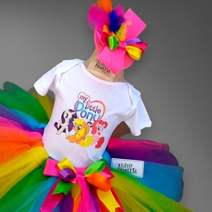 My Little Pony Tutu Skirt – handmade girls outfit, cotton shirt with a multi-color rainbow net tutu skirt, made to order in Pakistan