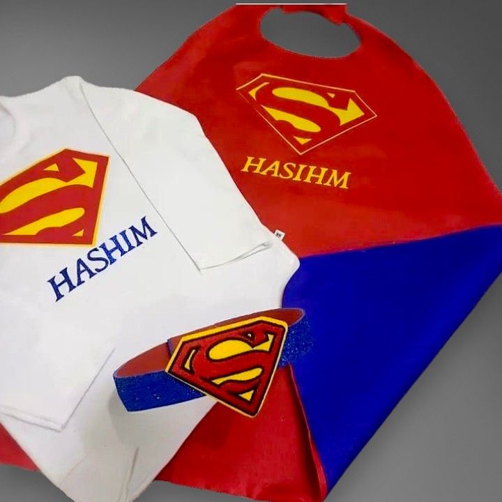 Superman Costume – handmade boys outfit, cotton shirt with a silk cape, made to order in Pakistan