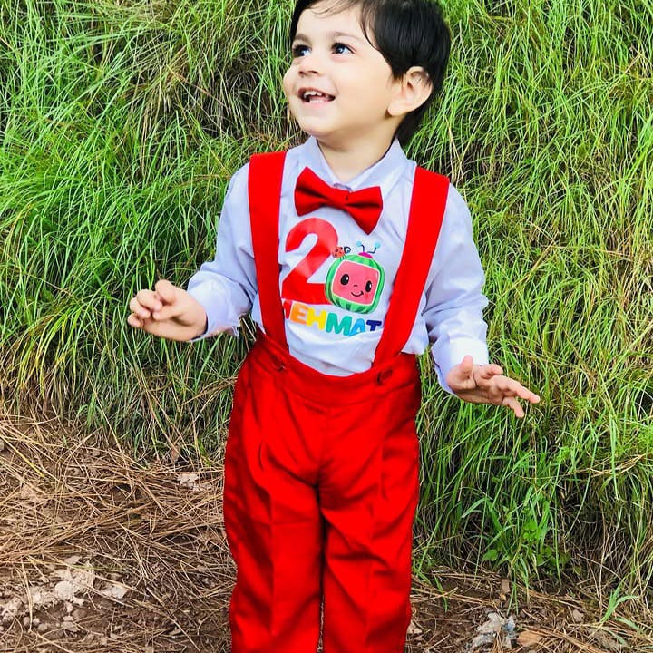 Cocomelon Red Outfit Boys – handmade boys outfit, uniform shirt with silk suspender pants, made to order in Pakistan