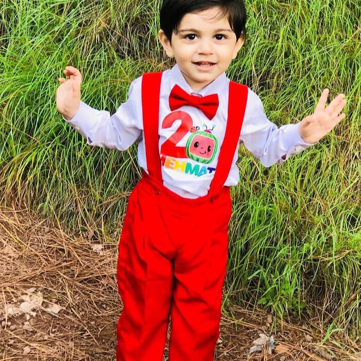 Cocomelon Red Outfit Boys – handmade boys outfit, uniform shirt with silk suspender pants, made to order in Pakistan