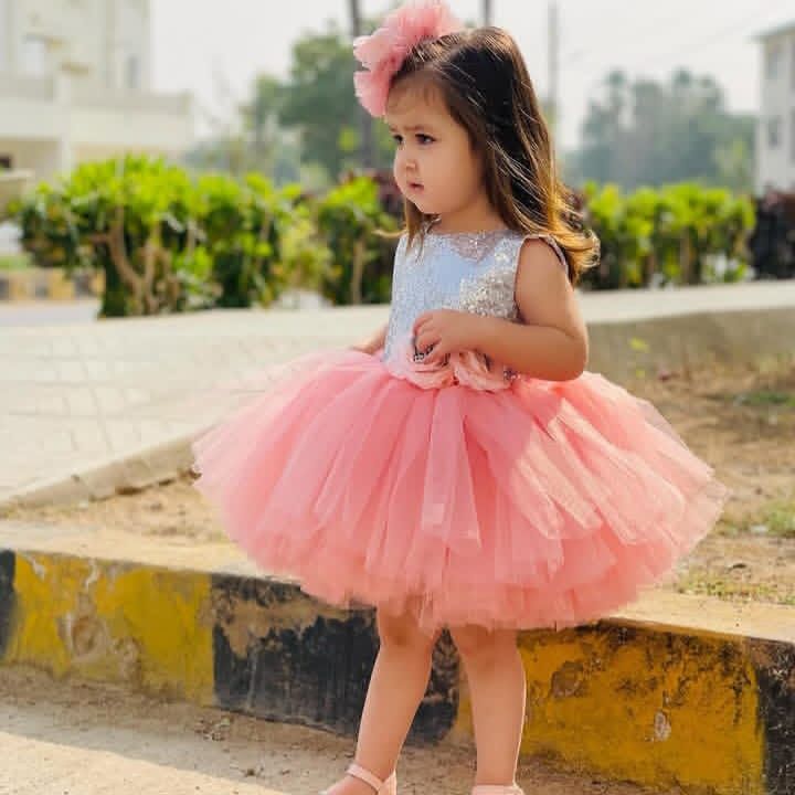 Sequin Peach Tutu Dress – handmade girls outfit, sequin body with a layered net tutu skirt, made to order in Pakistan