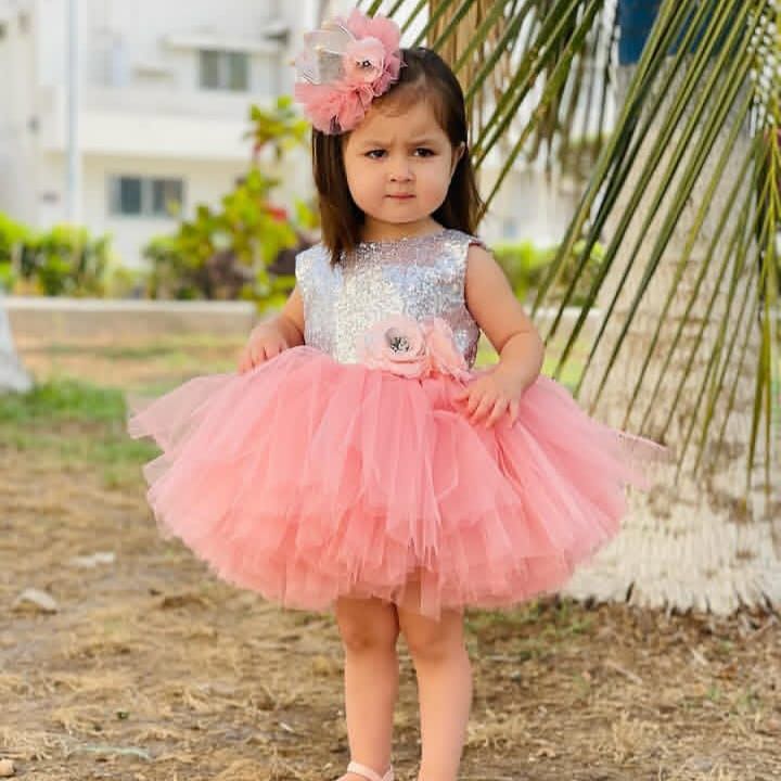 Sequin Peach Tutu Dress – handmade girls outfit, sequin body with a layered net tutu skirt, made to order in Pakistan