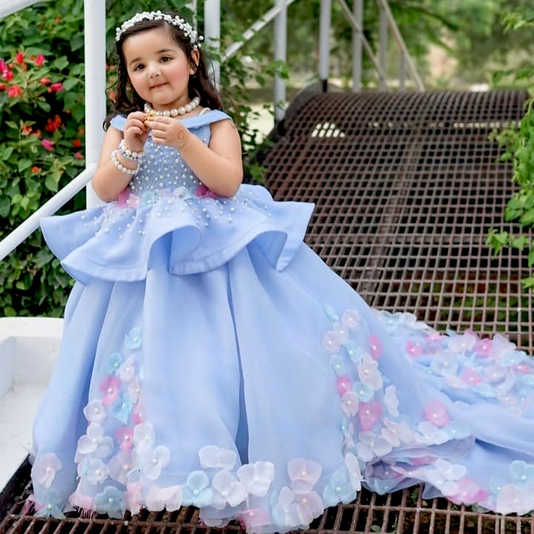 Aizal Blue Dress – handmade girls outfit, made to order in Pakistan
