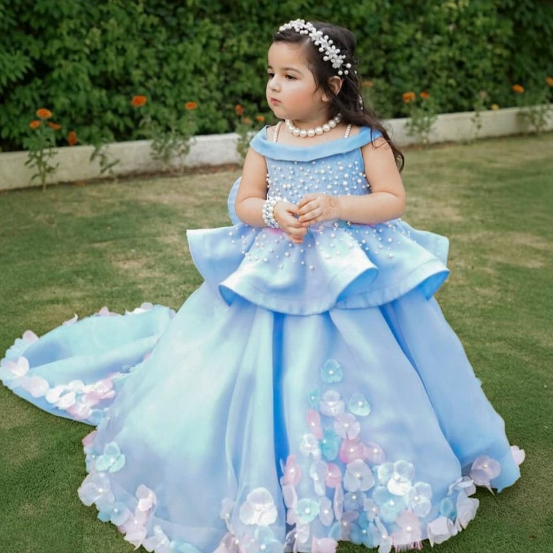 Aizal Blue Dress – handmade girls outfit, made to order in Pakistan