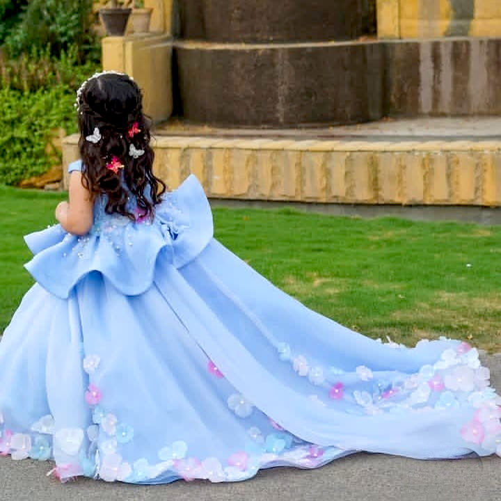 Aizal Blue Dress – handmade girls outfit, made to order in Pakistan