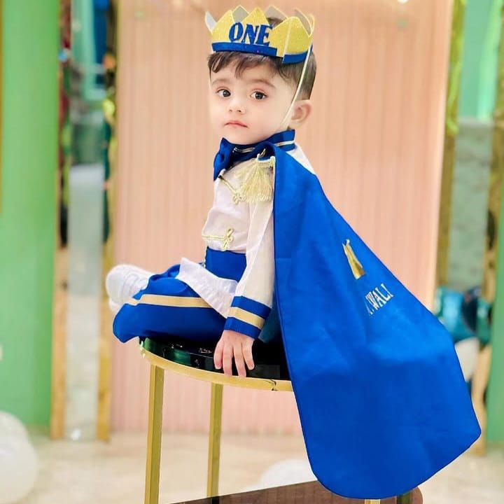 Blue Prince Dress (5 Piece) – handmade boys outfit, uniform shirt with silk trousers and cape, made to order in Pakistan