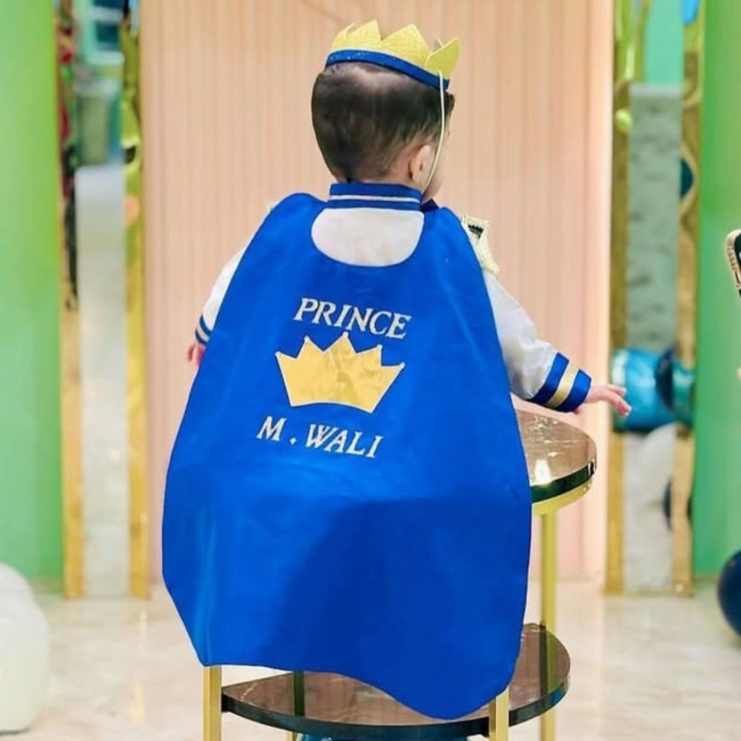 Blue Prince Dress (5 Piece) – handmade boys outfit, uniform shirt with silk trousers and cape, made to order in Pakistan