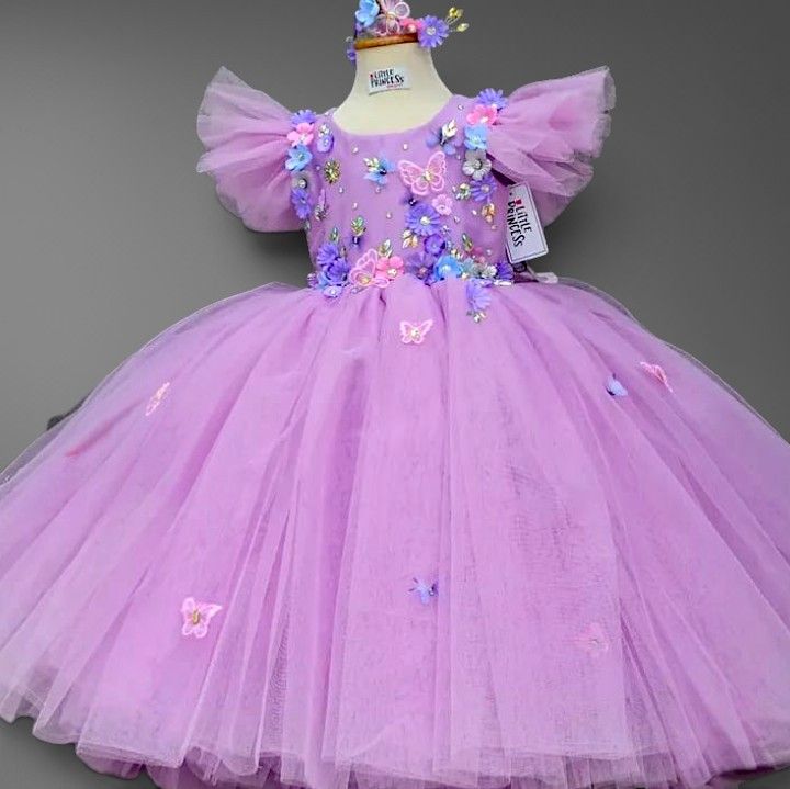 Purple Flutter Dress – handmade girls outfit, layered net skirt with flutter sleeves, made to order in Pakistan