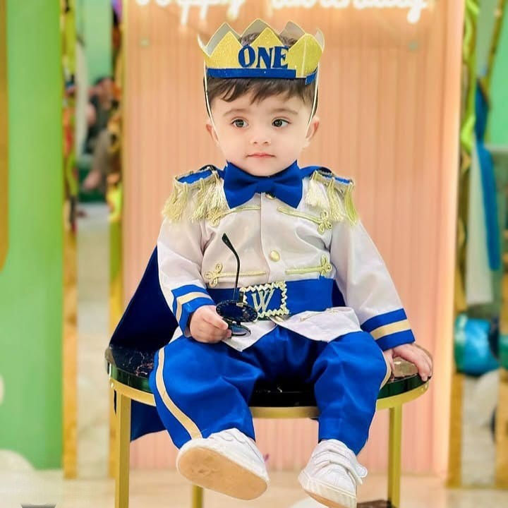 Blue Prince Dress (5 Piece) – handmade boys outfit, uniform shirt with silk trousers and cape, made to order in Pakistan