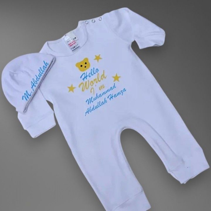 Hello World Romper – handmade baby outfit, soft cotton with a relaxed fit, made to order in Pakistan