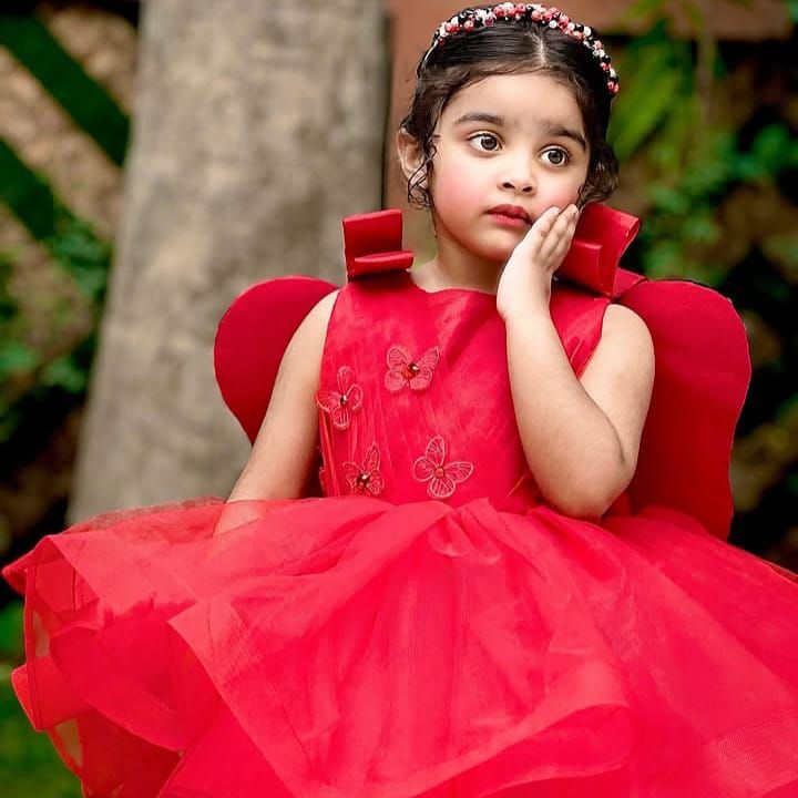 Red Butterfly Dress – handmade girls outfit, silk body and layers of bright net, made to order in Pakistan