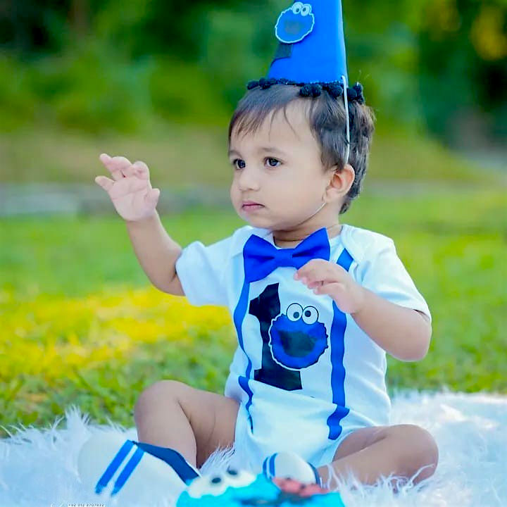 Cookie Monster Romper – handmade baby outfit, soft cotton romper with a front bow, made to order in Pakistan