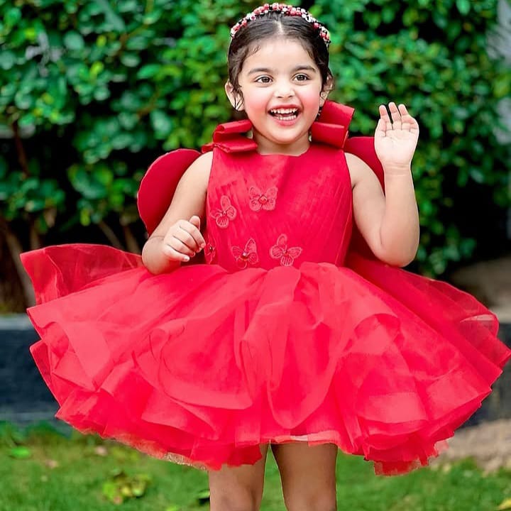 Red Butterfly Dress – handmade girls outfit, silk body and layers of bright net, made to order in Pakistan