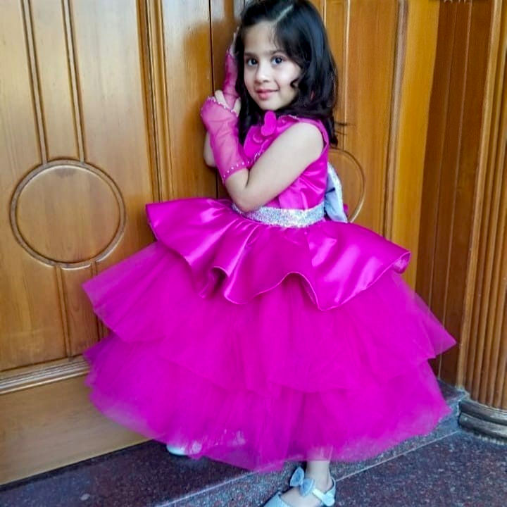 Magenta Butterfly Dress – handmade girls outfit, silk body with a layered net skirt, made to order in Pakistan
