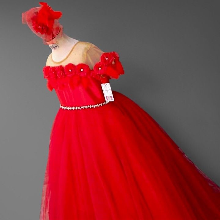 Red Floral Dress – handmade girls outfit, silk body and net skirt, made to order in Pakistan
