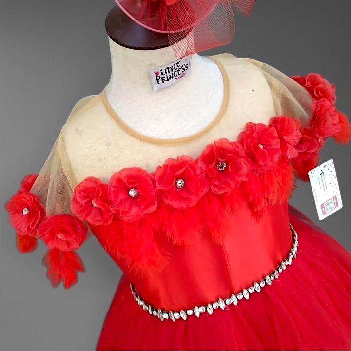 Red Floral Dress – handmade girls outfit, silk body and net skirt, made to order in Pakistan