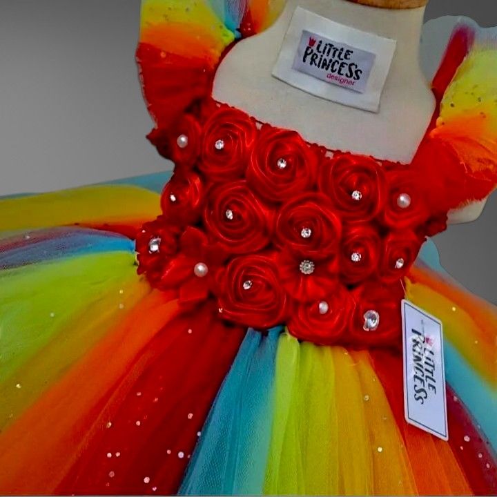 Red Rainbow Tutu Dress – handmade girls outfit, crochet body and net skirt, made to order in Pakistan