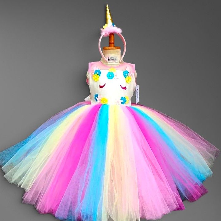 Multi-shade Unicorn Tutu Dress – handmade girls outfit, crochet body and net skirt, made to order in Pakistan