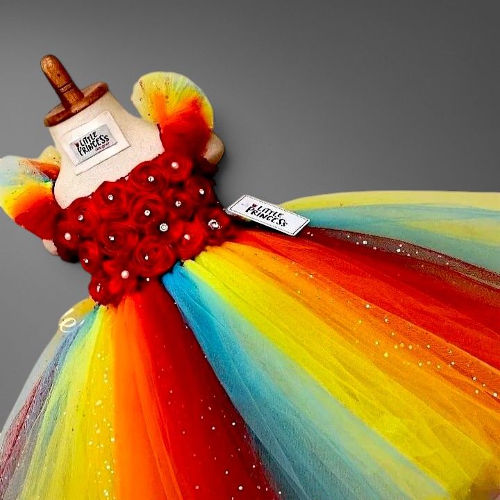 Red Rainbow Tutu Dress – handmade girls outfit, crochet body and net skirt, made to order in Pakistan