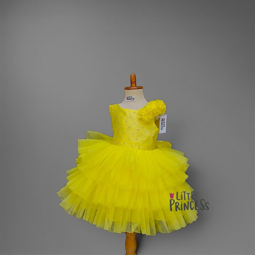 Lemon Blossom Ruffle Dress – handmade girls outfit, layered ruffled net and silk body, made to order in Pakistan