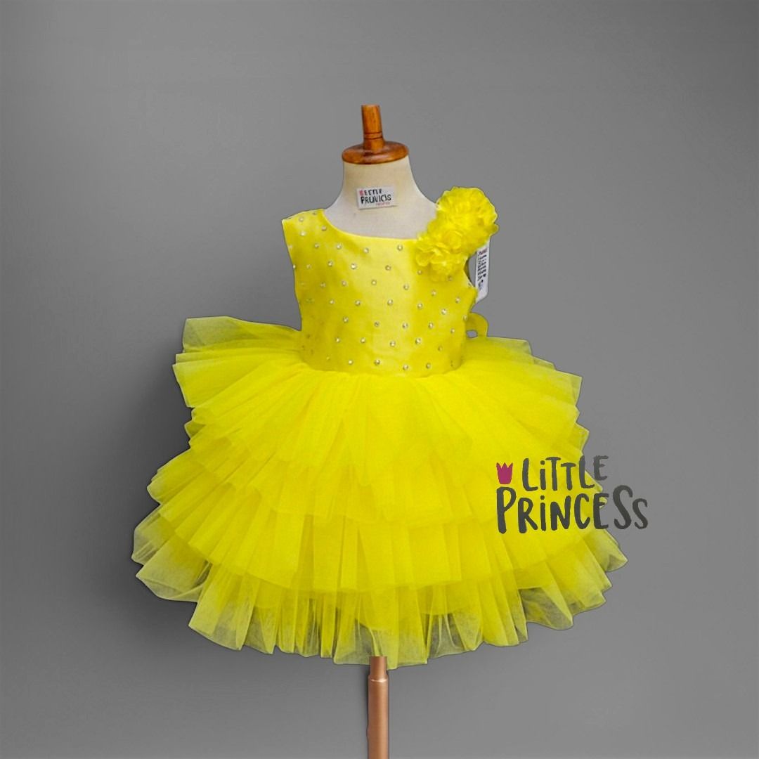Lemon Blossom Ruffle Dress – handmade girls outfit, layered ruffled net and silk body, made to order in Pakistan