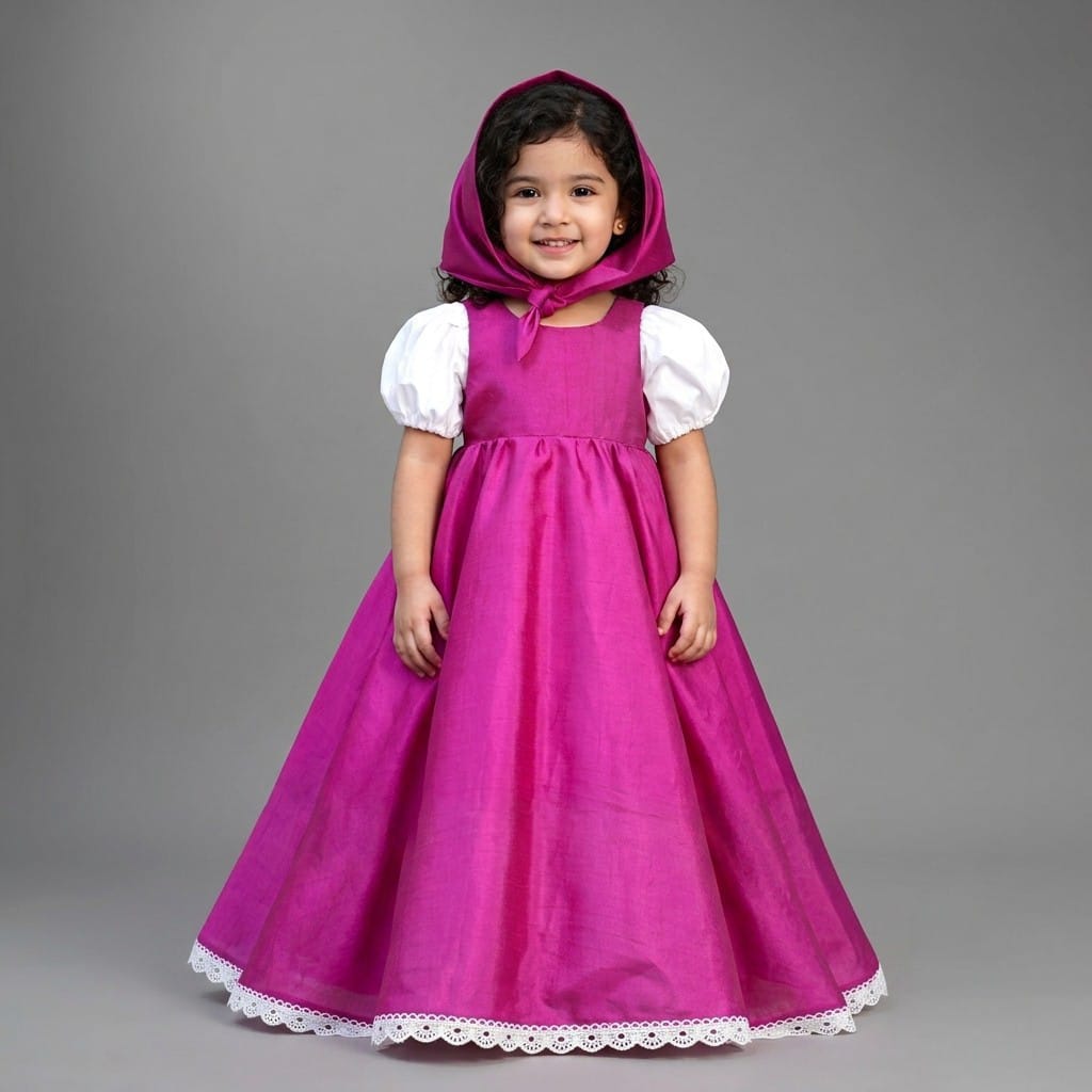 Masha Costume – handmade kids outfit, silk gown with a cotton shirt, made to order in Pakistan