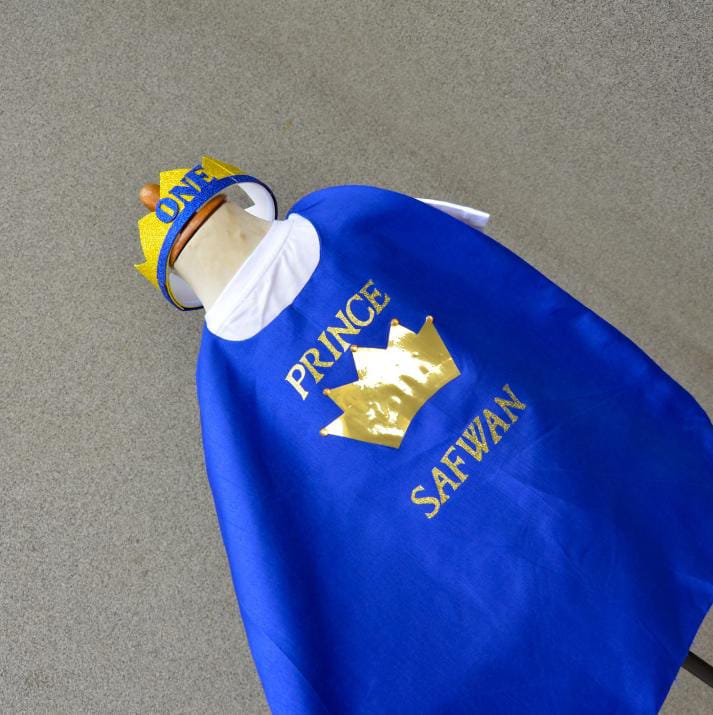 Prince Cape and Crown – handmade boys outfit, silk cape with bow detail, made to order in Pakistan