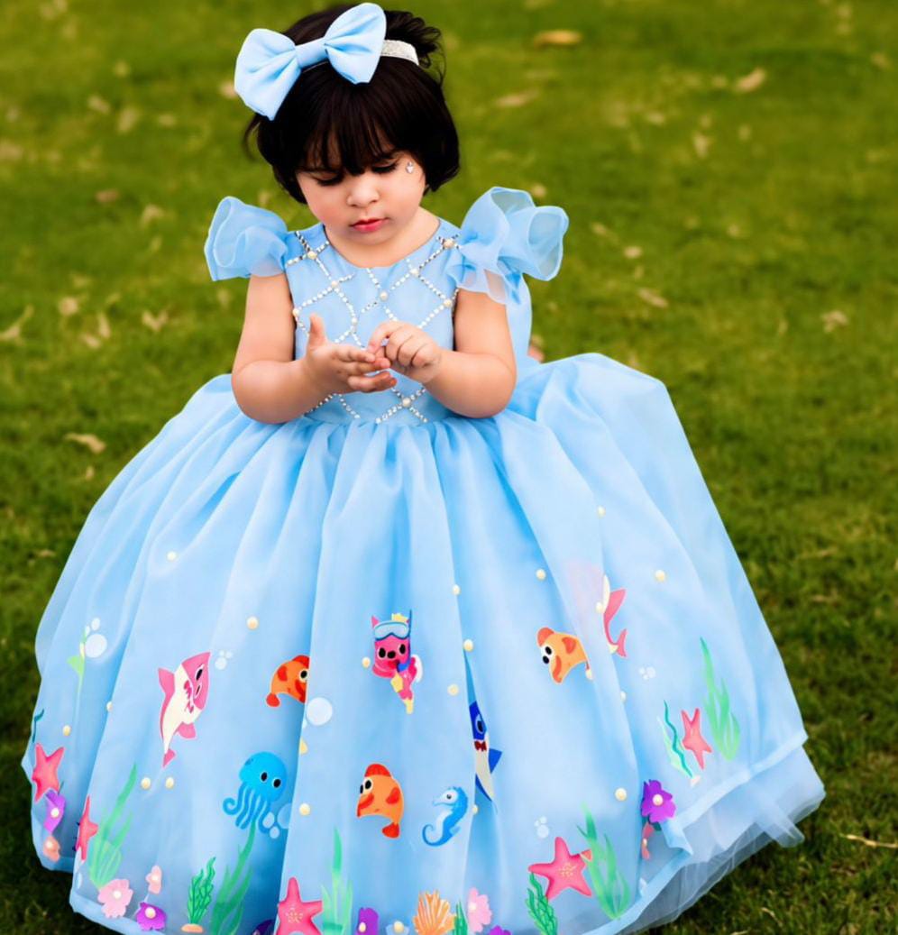 Baby Shark Dress – handmade kids outfit, silk body with a full length organza skirt, made to order in Pakistan
