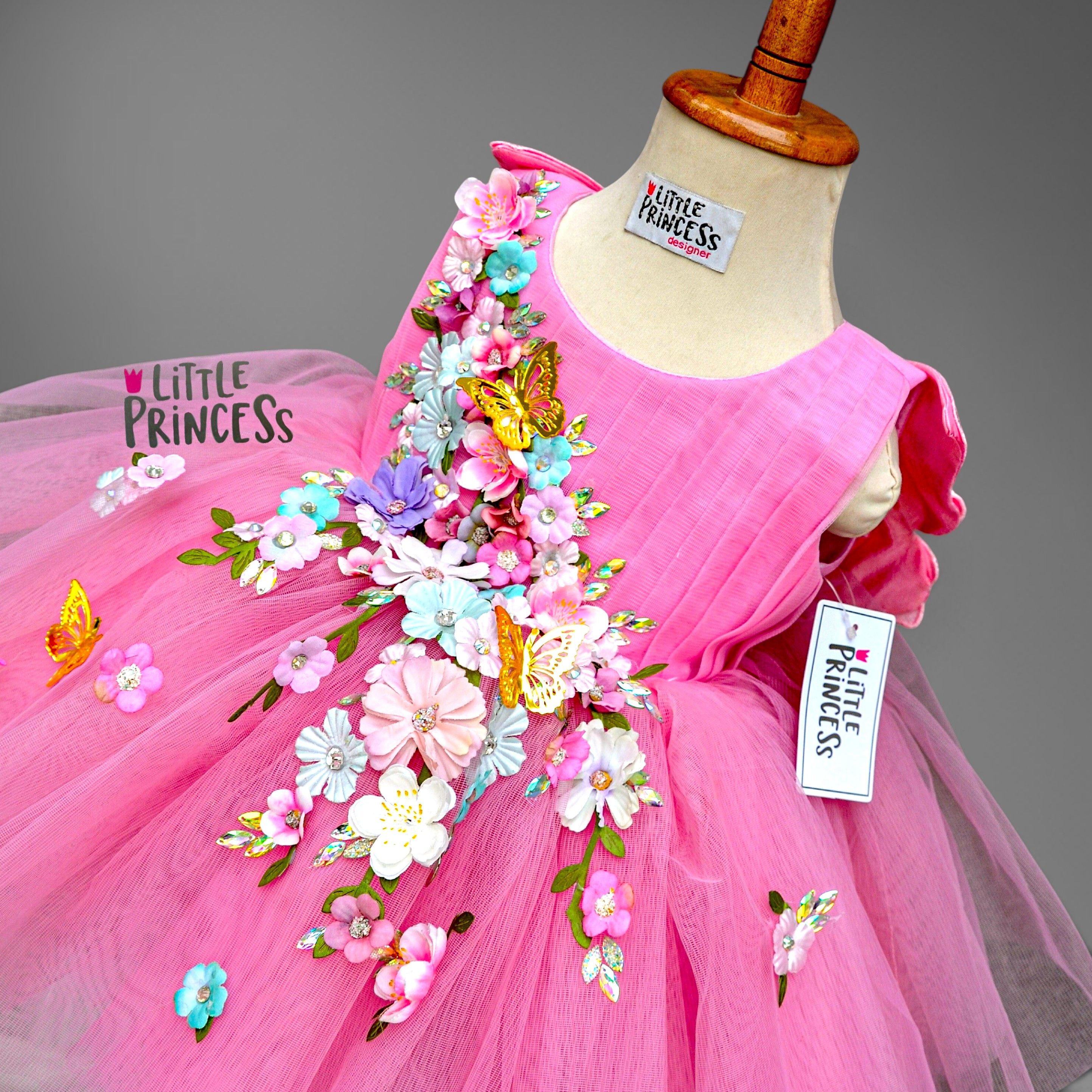 Pink Enchanted Garden Butterfly Dress – handmade girls outfit, made to order in Pakistan
