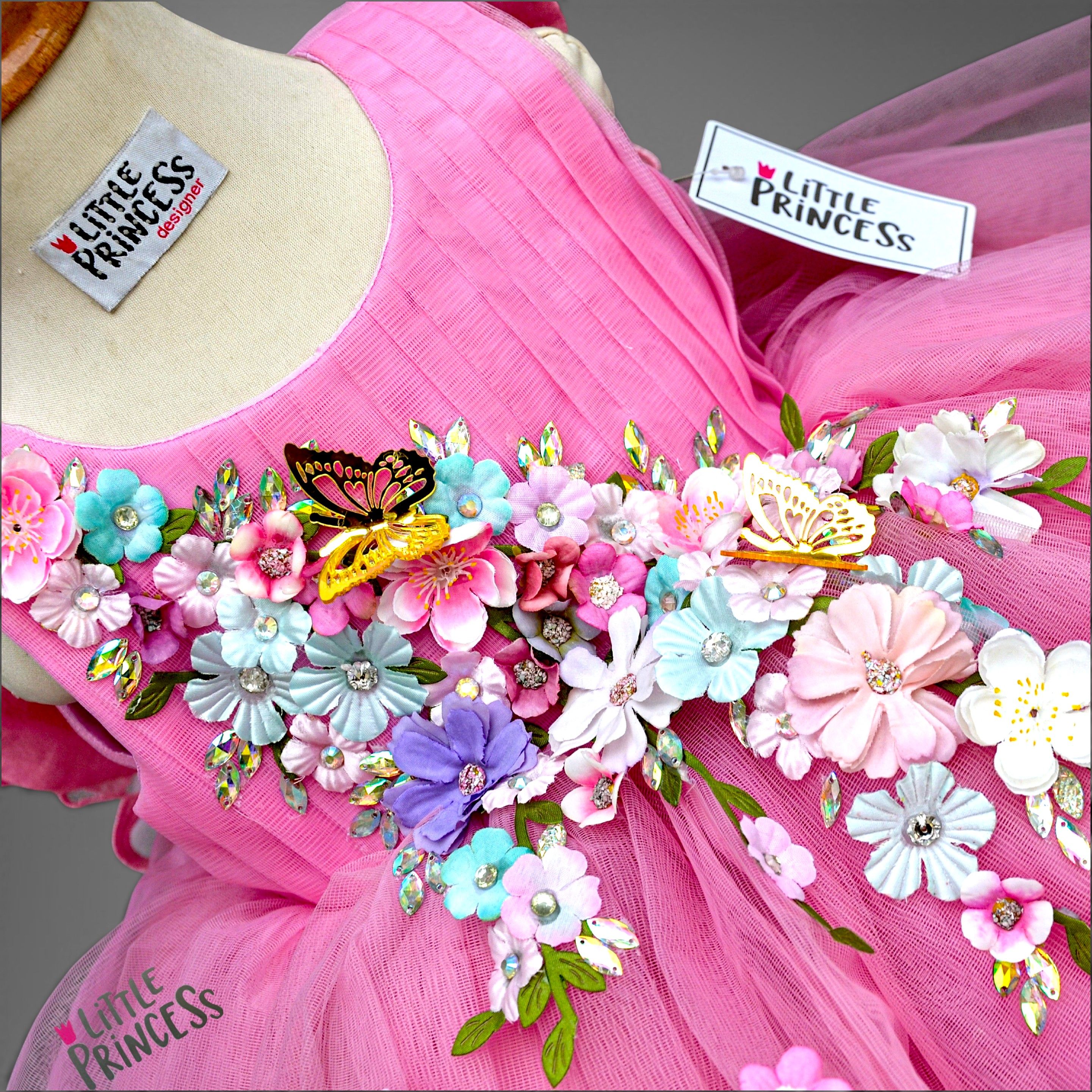 Pink Enchanted Garden Butterfly Dress – handmade girls outfit, made to order in Pakistan