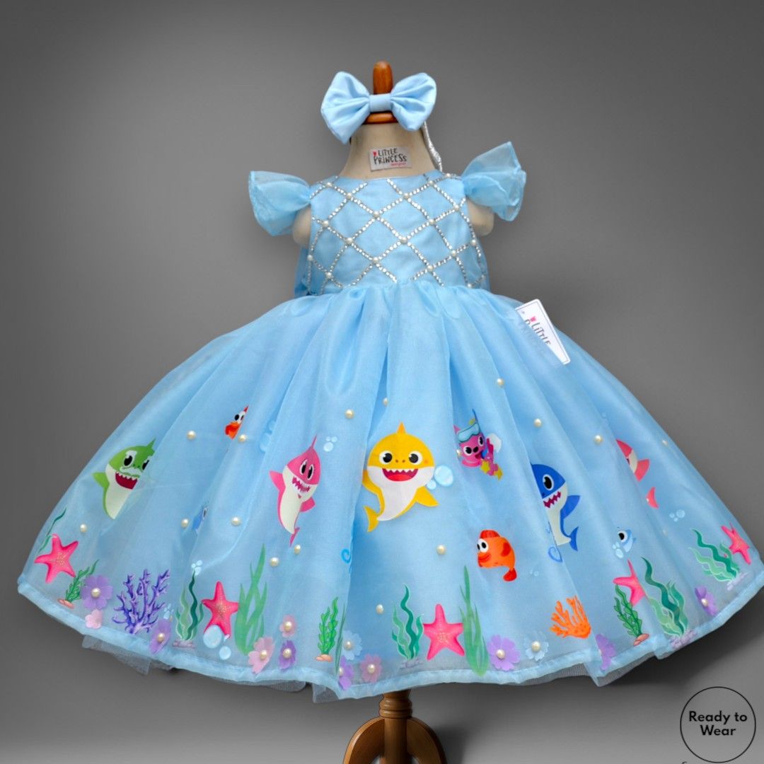 Baby Shark Dress – handmade kids outfit, silk body with a full length organza skirt, made to order in Pakistan