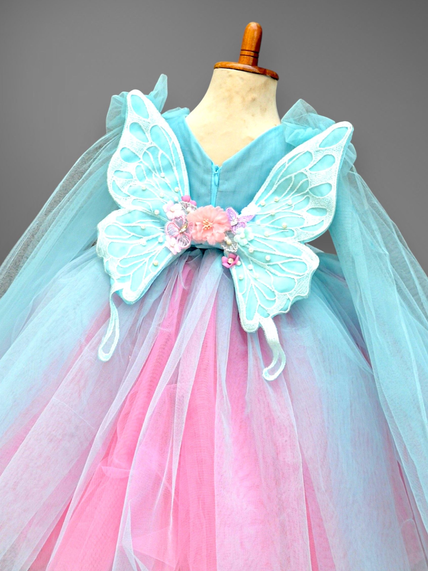 Blue Pink Spring Dress – handmade girls outfit, layered net with a fitted body, made to order in Pakistan