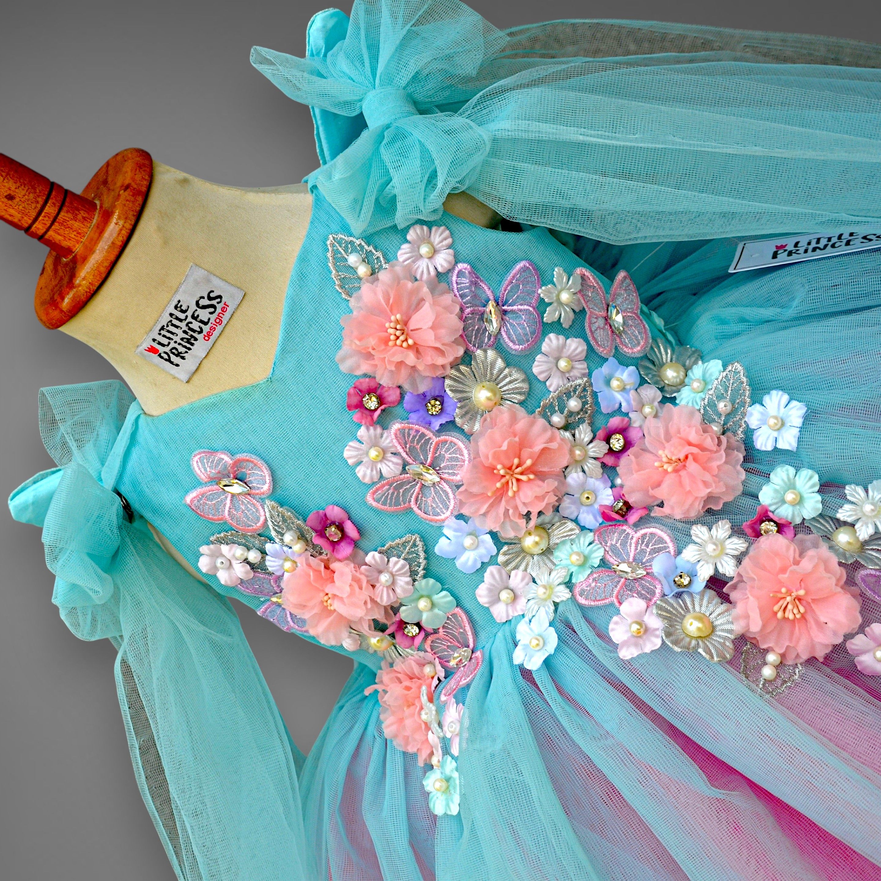 Blue Pink Spring Dress – handmade girls outfit, layered net with a fitted body, made to order in Pakistan