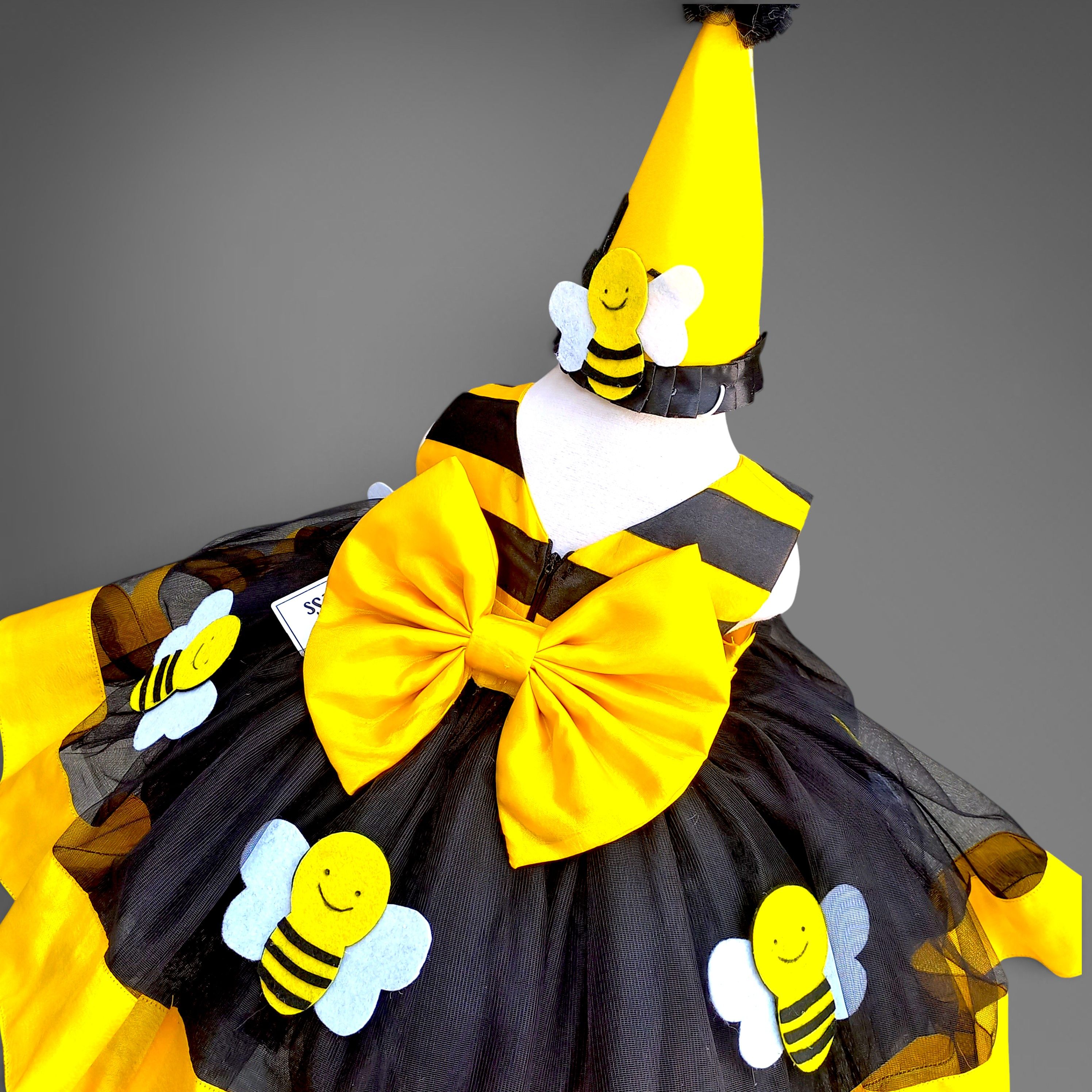 Bumble Bee Dress – handmade kids outfit, silk body with a black and yellow net skirt, made to order in Pakistan