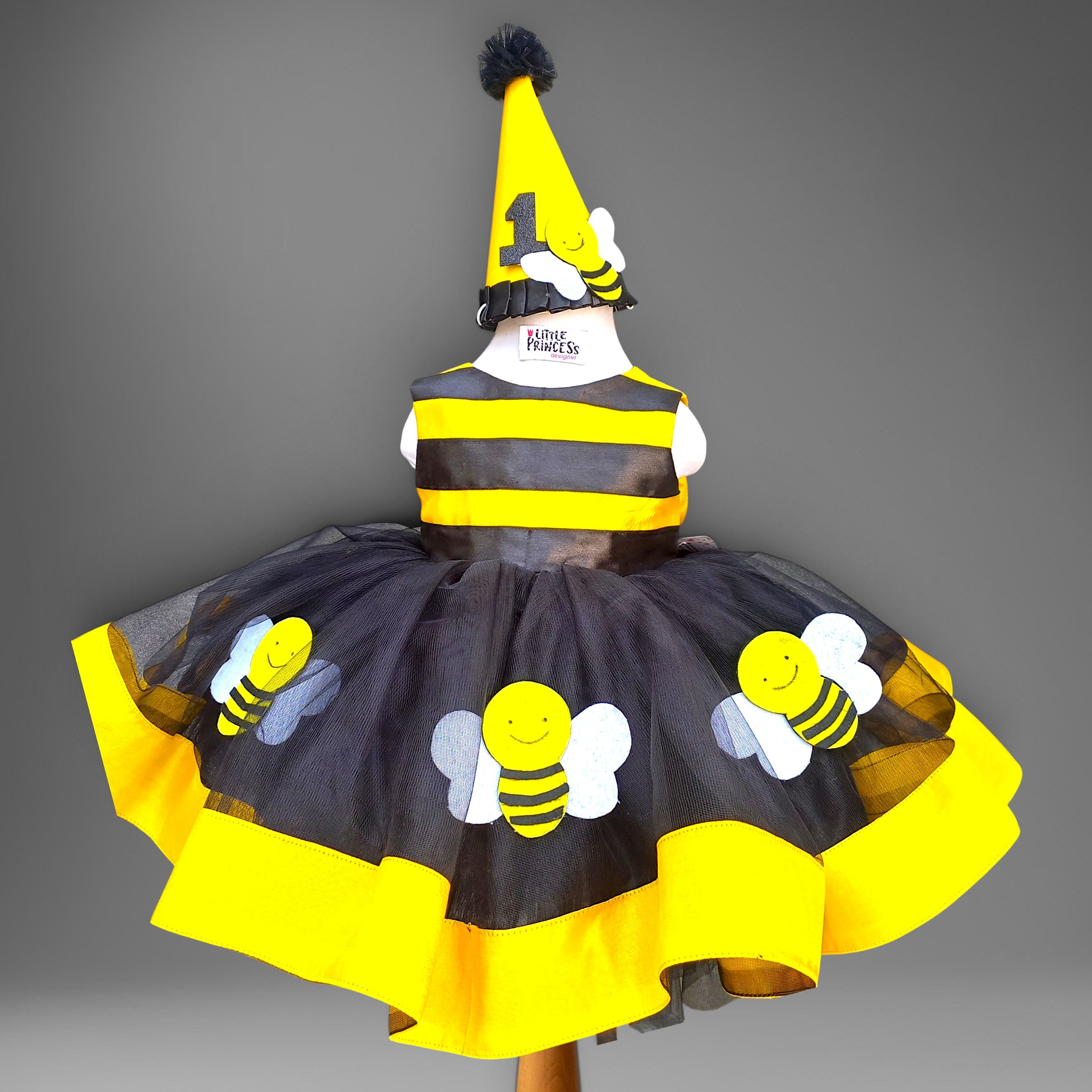 Bumble Bee Dress – handmade kids outfit, silk body with a black and yellow net skirt, made to order in Pakistan