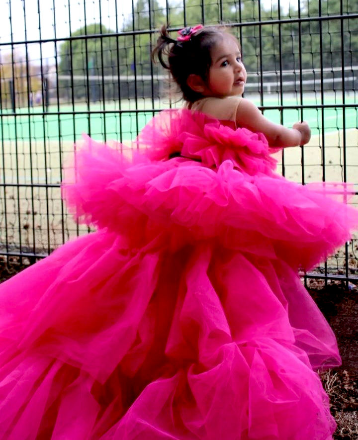 Barbie Net Ruffle Dress – handmade girls outfit, fitted body with a layered net ruffle skirt, made to order in Pakistan