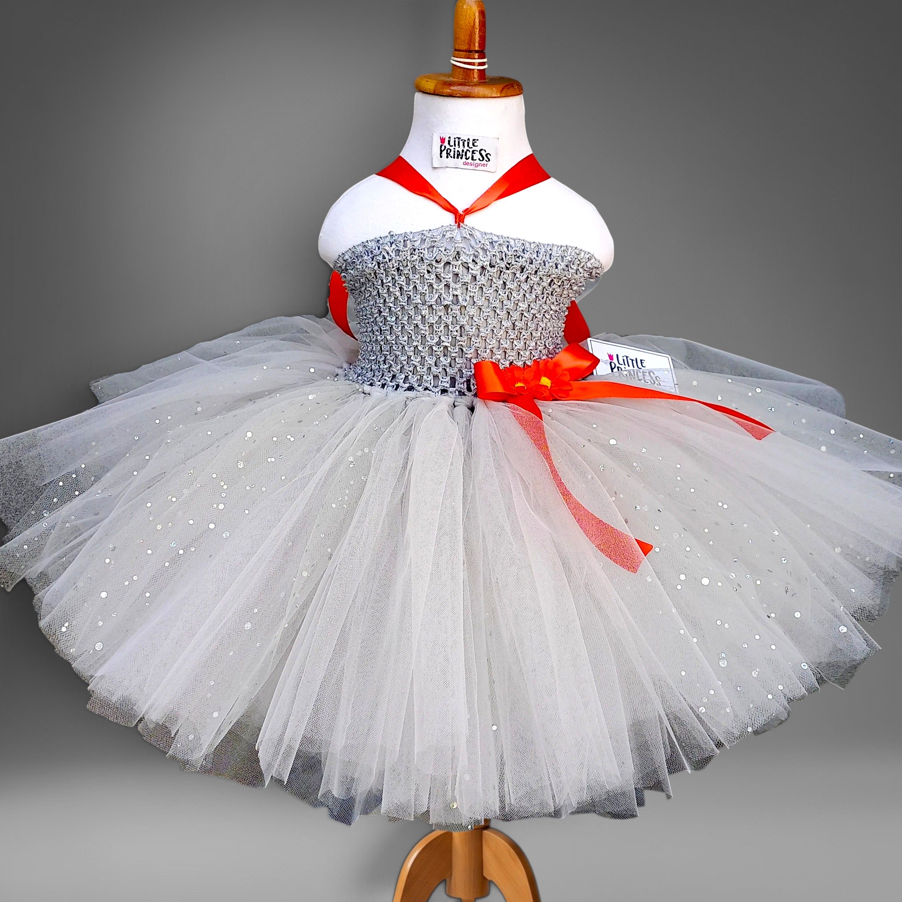 Dumbo Elephant Dress – handmade girls outfit, crochet body with a silk drape and net skirt, made to order in Pakistan