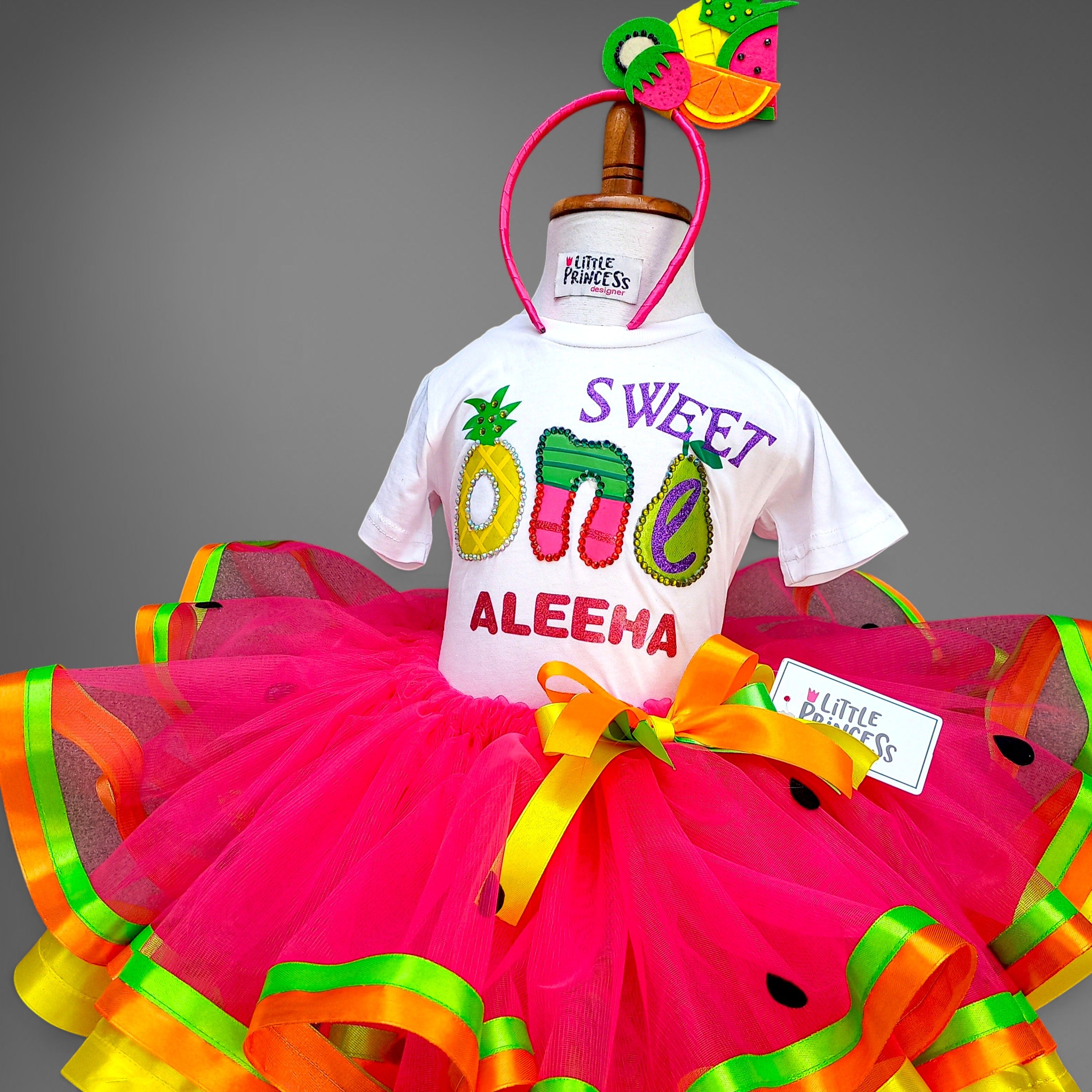 Tutti Frutti Skirt – handmade girls outfit, cotton shirt with a net tutu skirt and ribbon straps, made to order in Pakistan